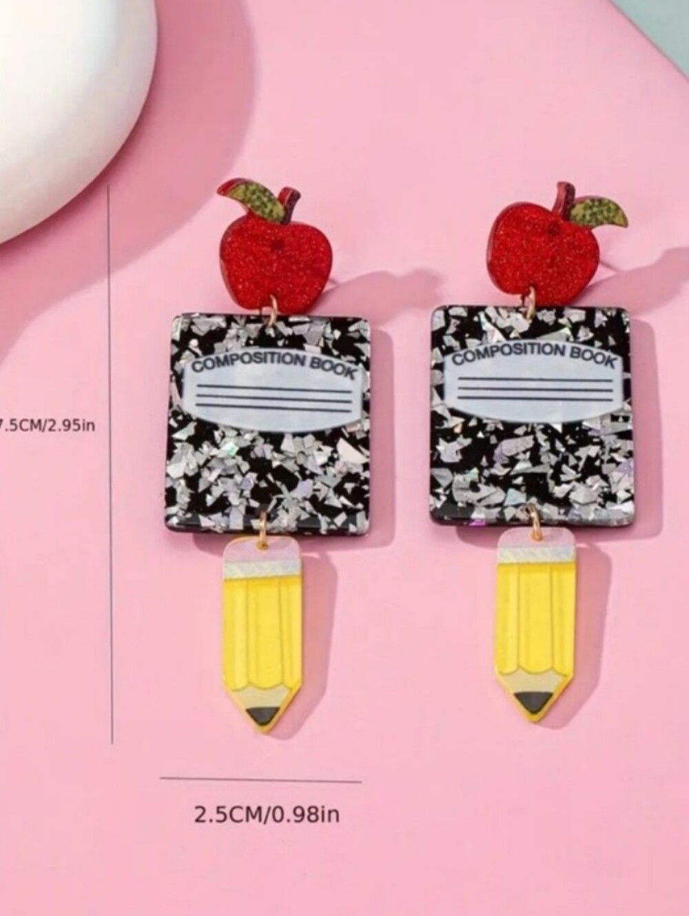 Playful Composition Book & Pencil Dangle Earrings - Black, Red, Yellow, White - Picture 2 of 4